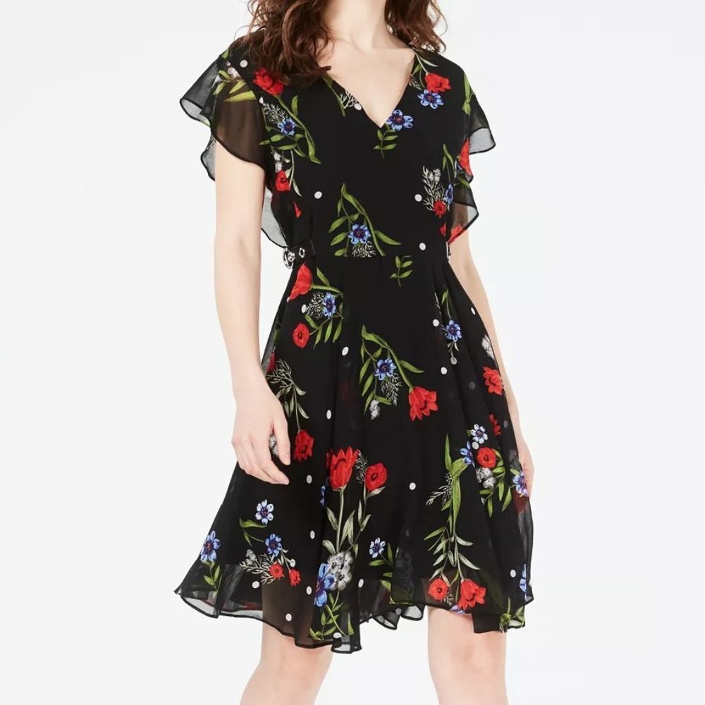 NWT Guess Black Floral Dot Chiffon Dress with V Neck and Buckle Waist Size XS